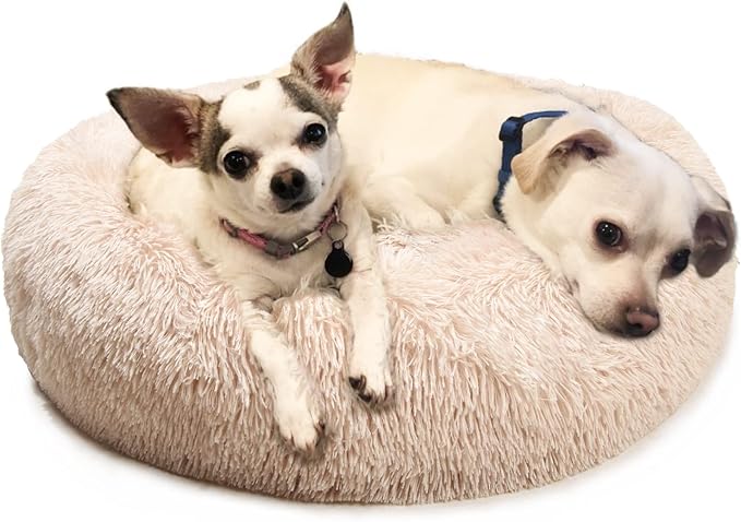 Small Dog Bed Calming Dogs Bed for Small Medium Large Dogs Anti-Anxiety Puppy Bed Machine Washable Warming Cozy Soft Pet Round Bed Fits up to 10-100 lbs (Medium (Pack of 1), Beige)