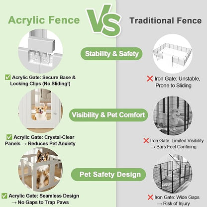 Clear Acrylic Dog Playpen Indoor, 24" Tall Puppy Play Pen with Door for Cat Bunny Small Animals, Transparent Doggie Fence Kennel Rabbit Ferret,Portable Pet Cages Easy Assemble, White, 10PCS