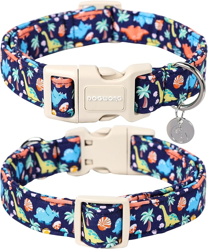 DOGWONG Cotton Dog Collar, Blue Dinosaur Dog Collar for Small Medium Large Dogs
