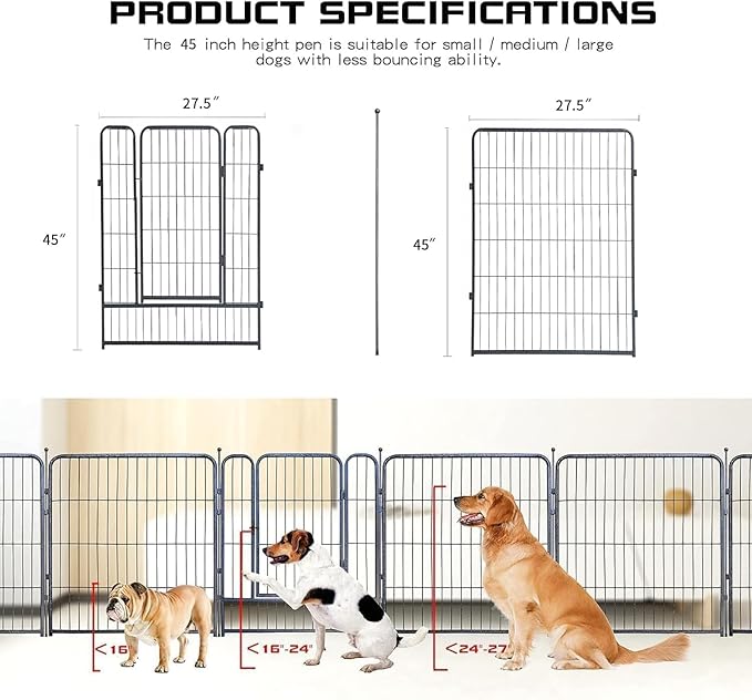 Dog Playpen,32/40/45 Inch Height in Heavy Duty, Folding Indoor Outdoor Anti-Rust Dog Exercise Fence, Portable Pet Playpen with Door for Large Medium Small Dogs and Pet (16 Panels, 45 Inch) Silver