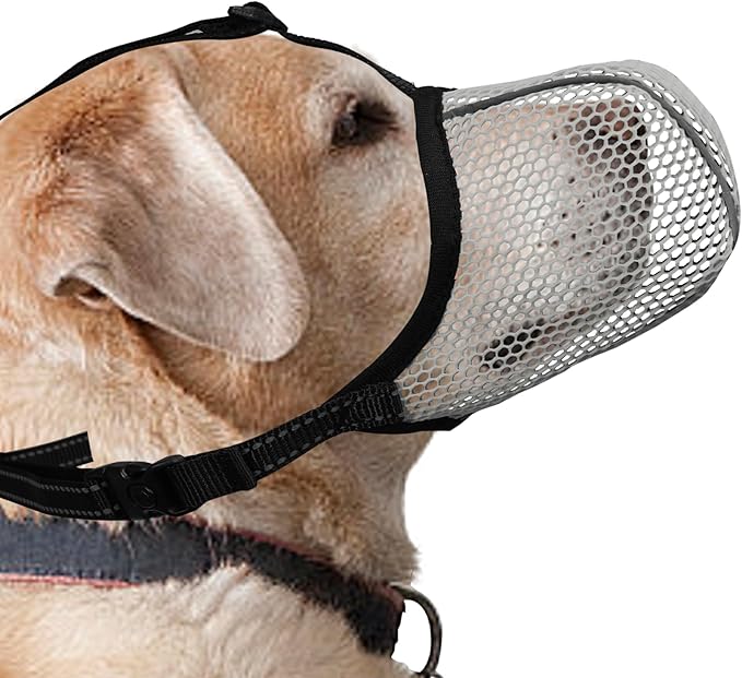 Dog Muzzle, Breathable Soft Muzzle for Large Dogs to Anti & Prevent Barking Biting Chewing, Reflective & Adjustable Basket Muzzle with Air Mesh for Doberman Grey XL