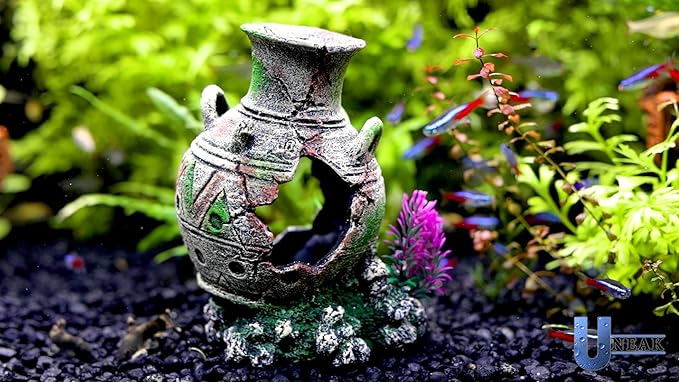 UNEAK - Aquarium Decorations Big Cave Fish Tank Large Vase Jar Jug Sunken Ornament Landscaping Rocks Saltwater Freshwater Small & Medium Fish Garden Pond Ornaments Resin