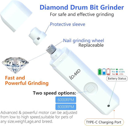 Dog Nail Trimmers-Powerful 2-Speed Dog Nail Grinder-with Safe LED Lighting and Battery Capacity Indicator Light & Type-c USB Rechargeable Quiet pet Nail Grinder Clipper for Dogs/Cats (White)