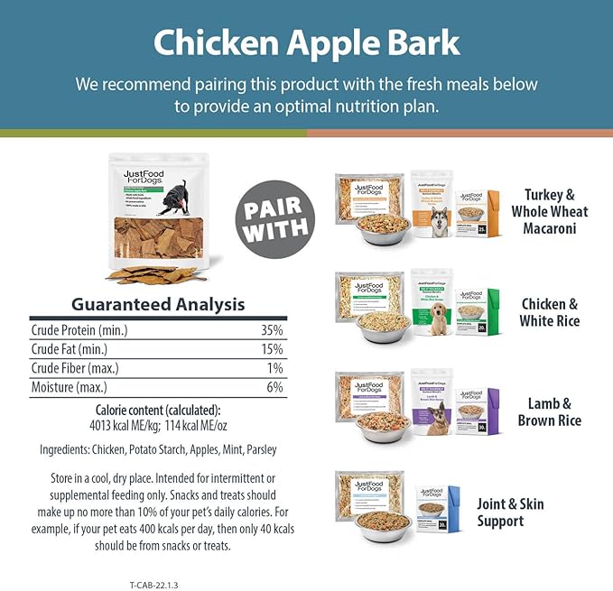 JustFoodForDogs Healthy Dog Treats, Limited-Ingredient, Chicken Apple Bark, Made in The USA, 5 oz
