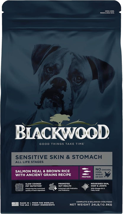 Blackwood Sensitive Skin & Stomach Dry Dog Food, Salmon Meal & Brown Rice with Ancient Grains, 24 Pound Bag with Prebiotics & Probiotics to Promote Gut Health