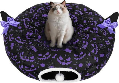 Tidjani Halloween Cat Tunnel, Cat Tunnels for Indoor Cats, Foldable Pet Donut Bed with Washable Mat and Dangling Balls, Purple Bowknot, Ghost Spider Pattern Decor Pet Toys for Small Animals