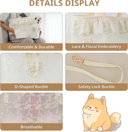Dog Carrier for Small Dogs Rabbit cat with Lace Design, Cotton Bag, Dog Carrier Soft Sided, Collapsible Travel Puppy Carrier (Beige, 13" L x 6.7" W x 10.6" H)