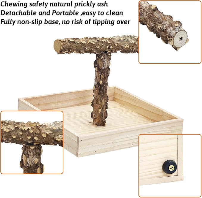BNOSDM Portable Bird Perch Stand with Potty Tray, Natural Wood Tabletop Training Gym Parrot Playground Toy for Budgies, Cockatiels, Lovebirds,Conures
