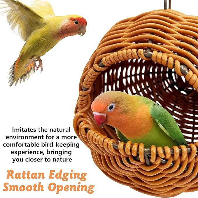 BNOSDM Rattan Bird Nest Parrot Nesting House Parakeet Nesting Soft Lovebird Warm Bed Sleeping for Parrots Bird Cage Accessories for Cockatiels Budgerigars Finches Canaries (G-Hole Style)