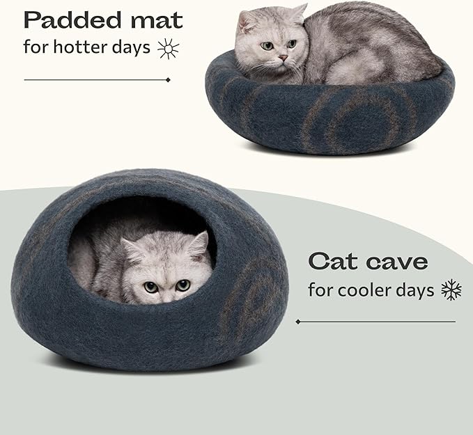 MEOWFIA Cat Cave  Premium Felt Cat Bed for Indoor Cats, Handmade 100% Merino Wool (Medium, Slate Grey)
