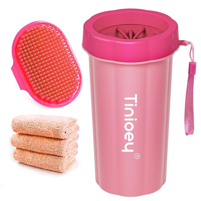 Dog Paw Cleaner for Large Dogs (with 3 Towels & Dog Bath Brush), Dog Paw Washer, Muddy Paw Cleaner, Pet Foot Cleaner (Large, Red)