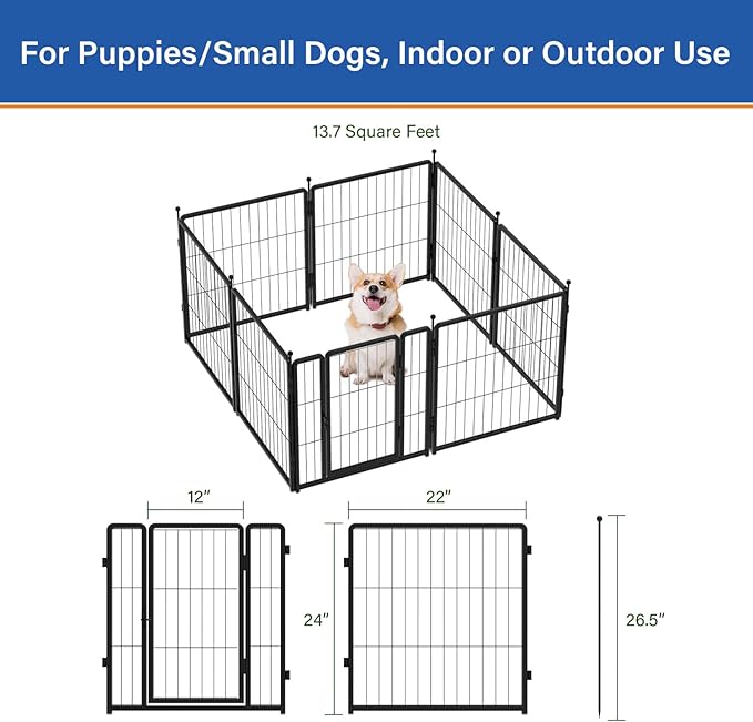 Dog Playpen for Indoor & Outdoor Use  Heavy-Duty Metal Pet Fence with Ground Stakes, Rounded Ball Tops for Safety, Stable & Foldable Design, Easy to Assemble 24 inch 8 Panels