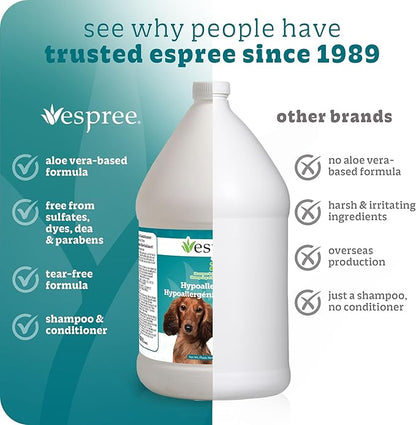 Espree Hypoallergenic Dog Shampoo & Conditioner, Tearless Formula with Aloe Vera, Sulfate-Free, Paraben-Free, Harsh Chemical and Dye-Free, Safe for Sensitive Skin, Gallon