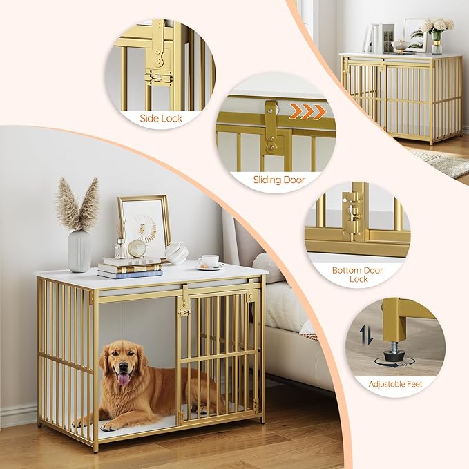 HOOBRO Dog Crate Furniture, 36.6" Heavy Duty Dog Kennel with Sliding Barn Door, Decorative Dog Crate Indoor, End Side Table for Small/Medium Dog, White and Gold DW162GW03G1