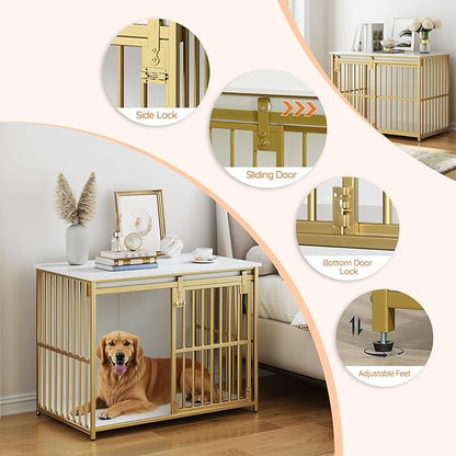 HOOBRO Dog Crate Furniture, 36.6" Heavy Duty Dog Kennel with Sliding Barn Door, Decorative Dog Crate Indoor, End Side Table for Small/Medium Dog, White and Gold DW162GW03G1