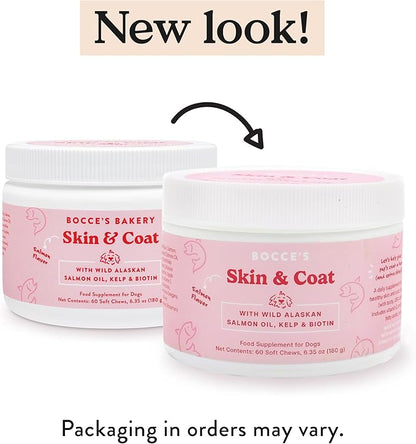 Bocce's Bakery Skin & Coat Supplement for Dogs, Daily Chews Made in The USA with Vitamin E & Essential Fatty Acids, Supports Healthy Skin & Coat, Salmon, 60 ct, Red (DG-SP-SKIN60)