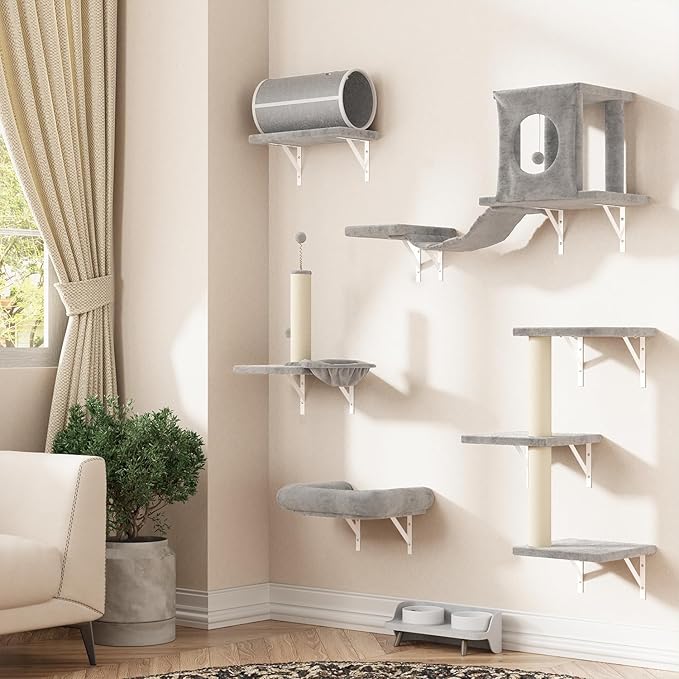 NUNU LAB 7-in-1 Wall Mounted Cat Climber Set, Cat Furniture Set with House, Tunnel, Bridge, Tree, Steps, Scratcher Board, Hammock, Luxury Wall Shelves for Indoor, Gray