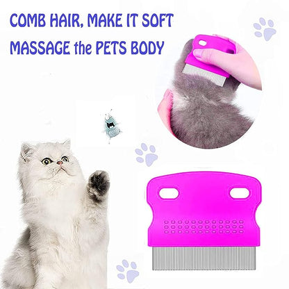 4 Pcs Pet Grooming Kit for Small Long and Short Haired Dogs, Cats & Puppies, Flea & Lice Comb, Tear Stain Remover, Fine-Toothed Comb for Knots, Crust & Mucus (Pink)