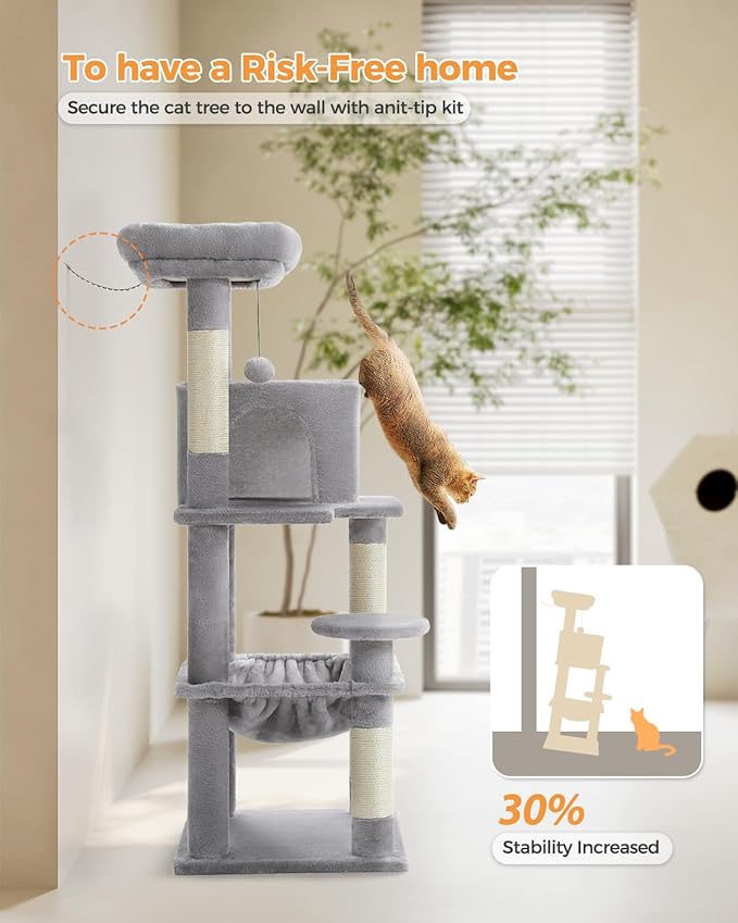 PETEPELA 45.7" Cat Tree for Indoor Cats, 5-Level Cat Tower for Large Cats with Metal Frame Large Hammock (17.3"x15.3"), Cat Condo with (18.5"x13") Big Top Perch & 4 Sisal Covered Scratching Post Grey