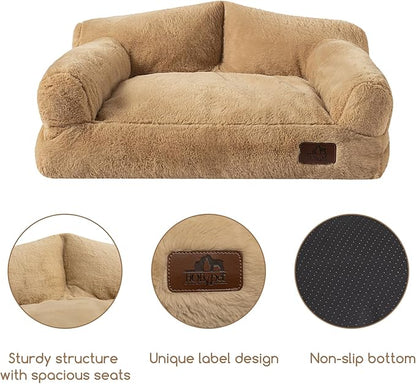 Hollypet Fluffy Plush Pet Dog Cat Couch Soft Calming Pet Sofa Bed for Medium Small Cats and Dogs, Light Brown