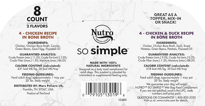 Nutro So Simple Meal Complement Wet Dog Food Chicken and Chicken & Duck Recipes in Bone Broth 8-Count Variety Pack, 2 oz. Tubs