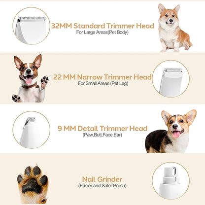 Dogs Hair Clippers Grooming Kit with Nail Grinder, 4 in 1 Cordless Electric Trimmer Low Noise USB Pet Clippers for Dogs Cat,Grooming Paws, Eyes, Ears, Face,Matted Hair