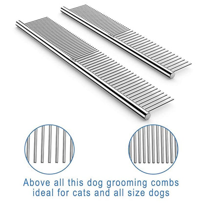 CWXZSTM Pet Steel Combs Dog Cat Comb Tool for Removing Matted Fur - Pet Dematting Comb with Rounded Teeth and Non-Slip Grip Handle - Prevents Knots and Mats for Long and Short Haired Pets,6.5IN/7.4IN