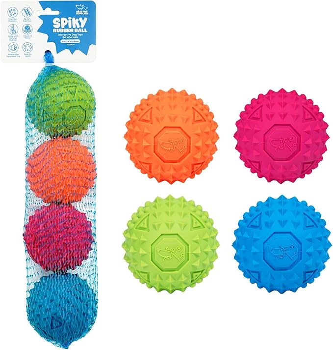 Best Pet Supplies Squeaky Rubber Spiky Ball Dog Toy Durable Non-Toxic Perfect for Aggressive Chewers Spiked for Dental Health Interactive Dog Toy - Pack of 4 - Assorted Colors (M:2.5")