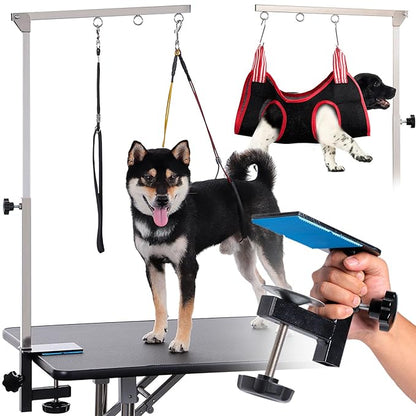 Dog Grooming Table Arm with Hammock - Adjustable Height, Pet Grooming Hammock, No Sit Haunch Holders, Loop Noose Heavy-Duty Clamp (Stainless Steel)