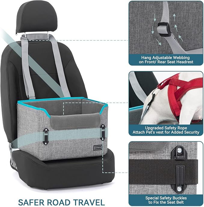 PETSFIT Dog Car Seats for Small Dogs, Portable Dog Booster Car Seat with Patent Safe Buckles, Clip-On Leash, Suitable for Small Pets Up to 25lbs (Grey)