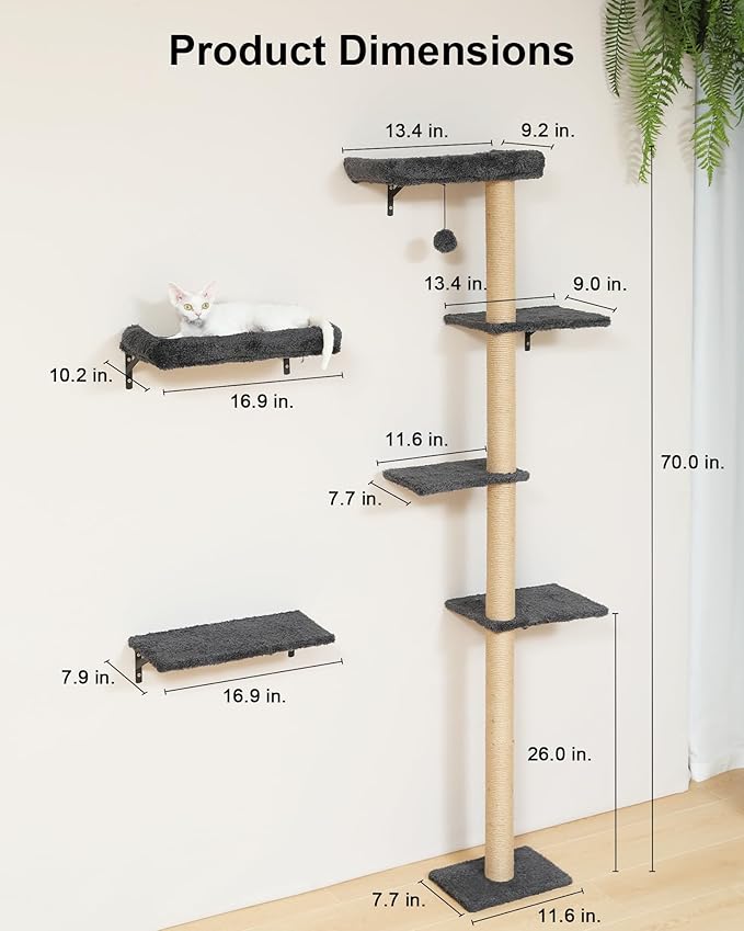 FUKUMARU Cat Wall Shelves, Stable 3-in-1 Wall Mounted Tree Set, Wooden Cats Furniture with Scratching Post, Space Saving Climbing Wall for 16 Inch Drywall - Gray