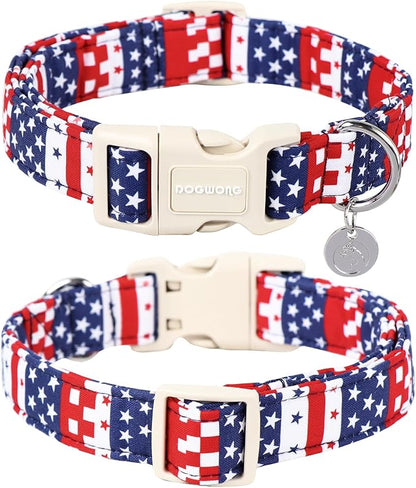DOGWONG Cotton Dog Collar - 4th of July Durable Soft Natural Fabric Pet Collar, Cute Patriotic Puppy Necklace for Small Medium Large Dogs