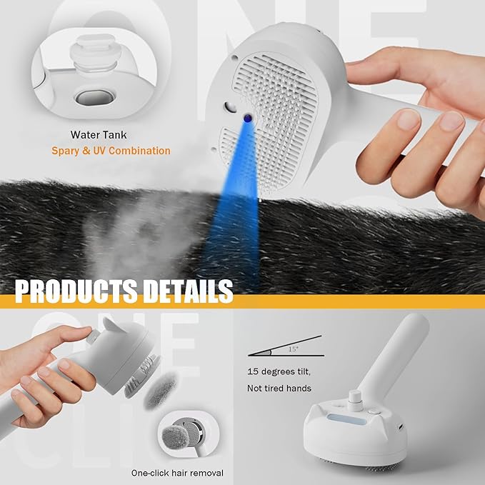 Cat Steam Brush, 4 in 1 Steamy Pet Brush For Cats & Dogs, Spary Cat Brush For Pet Grooming, Cats Dogs Hair Comb With Release Buttom and Water Tank, Cats Dogs Cleaning Brush (White Long Brush)