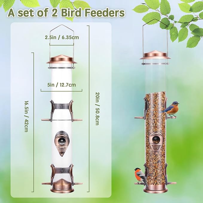 MIXXIDEA 2PK Metal Wild Bird Feeder Squirrel Proof for Outside Hanging - 6 Port Tube Transparent Finch Feeder With Steel Hanger (Antique Copper)