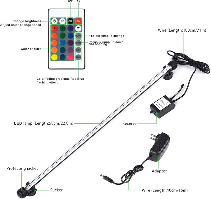 S SMIFUL RGB Aquarium Lights, Colored Fish Tank Lights, Underwater LED Tank Lights IP68 Waterproof Color Changing Memory Dimmable Submersible Fish Aquarium Lighting Waterfall Lights, 23"