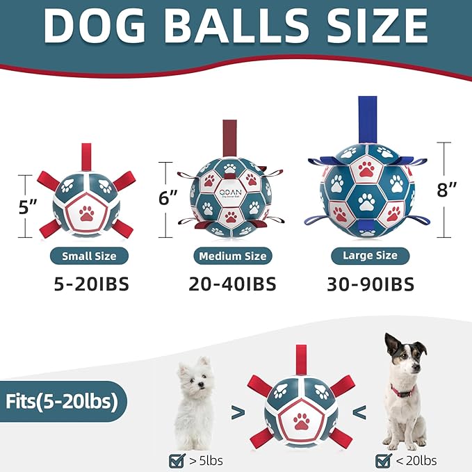 QDAN Dog Toys Soccer Ball with Straps, Outdoor Interactive Dog Toys for Tug of War, Puppy Birthday Gifts, Dog Tug Toy, Dog Water Toy, Durable Dog Balls for Small Dogs - Blue&Red（5 Inch）
