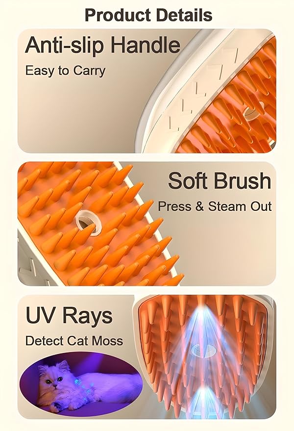 4-in-1 Pet Steam Brush: Deshedding, Vibrating, LED Lights, Steaming, and Massaging Grooming Tool for Cats, Dogs, and Small Animals, Bisque