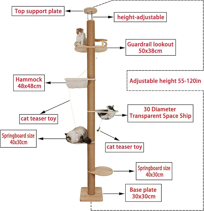 Floor to Ceiling Cat Tree Height (50-120 in) Adjustable Cat Tower 5 Tier Hemp Scratching Post High Cat Tree Sturdy Activity Tree Indoor Outdoor Cat Scratching Post Activity Center