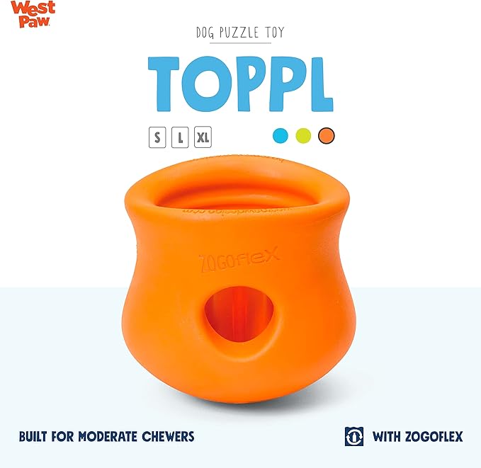 West Paw Zogoflex Toppl Treat Dispensing Dog Toy Puzzle  Interactive Chew Toys for Dogs  Dog Toy for Moderate Chewers, Fetch, Catch  Holds Kibble, Treats, Small 3", Tangerine