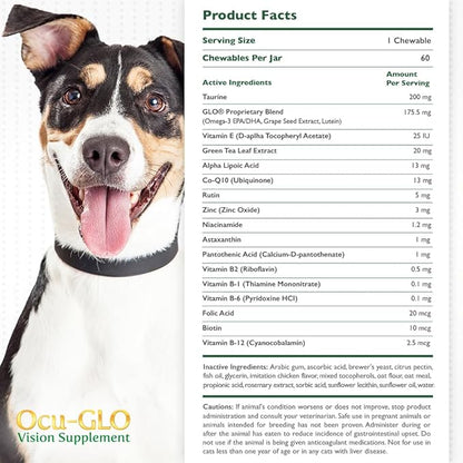 Ocu-GLO Cat & Dog Senior Supplement for Eye Support - Chewable Vision Vitamins Supplements for Large and Small Pets Care with Lutein, Omega-3 Fatty Acids, Grape Seed Extract & Antioxidants