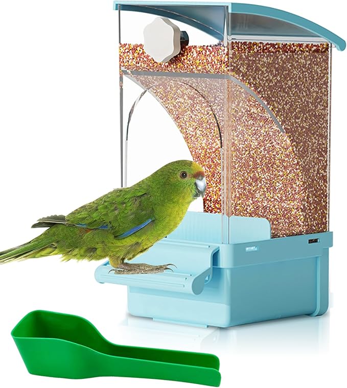 Hamiledyi Automatic Bird Feeder No Mess Bird Cage Feeder Transparent Acrylic Parrot Seed Food Container with Perch Cage Accessories for Parakeet Finch Lovebirds Budgies Canary (Blue)