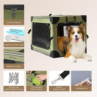 EHEYCIGA Collapsible Dog Crate 36 Inches, Portable Travel Crate for Large Dogs, Soft Foldable Pet Kennel with 4-Door Mesh Windows Indoor & Outdoor, Green
