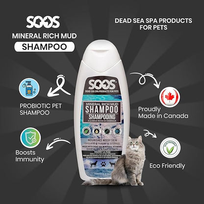 Soos Pet Dog Shampoo for Cats and Pets Mineral Rich Mud Natural Dead Sea Cruelty Free Fast Absorbing Skin Cooling First Aid Antib-acterial and Antif-ungal Odor Remover - 1x Pet Shampoo (500ml)