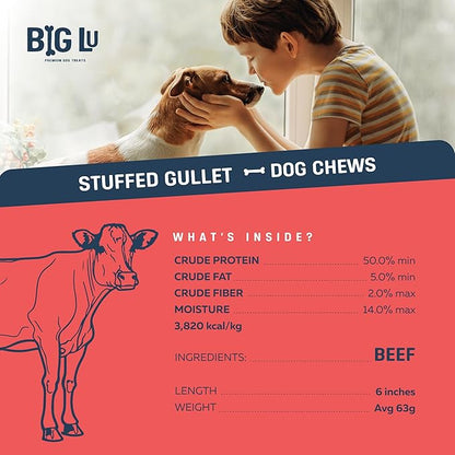 Big Lu - 6-Inch Stuffed Gullet Sticks, 10 Count, Premium Beef Dog Treats, All-Natural, High-Protein, Easily Digestible Chews for Dogs, Supports Dental Health and Joint Mobility
