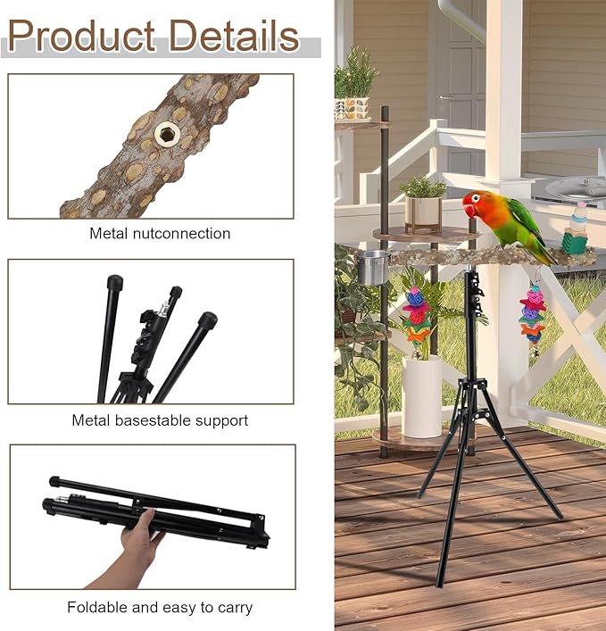 72" Parrot Stand, Adjustable Height Bird Perch, Pepper Wood Perch Stand, Parakeet Perches with Feeding Cups, Swing Toy, Toy Cymbals，Parrot Stands for Indoor & Outdoor Small to Medium Bird.