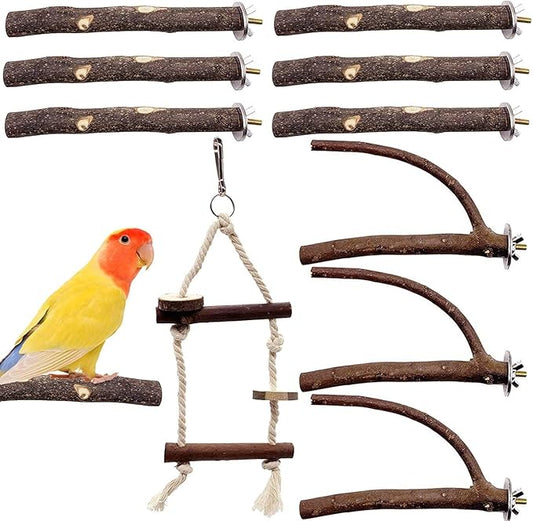 EBaokuup Bird Parrot Perch Set - 10PCS Natural Wood Parakeet Stand, Fork, Rod, Paw Grinding Stick for Budgies, Cockatiels, Conure, Lovebirds