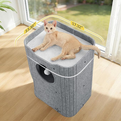 Cat House for Indoor Cats Large Cat Bed Cave 2-Storey Cats Condo with Cozy Felt Covered Hideaway for Multiple Pets Grey