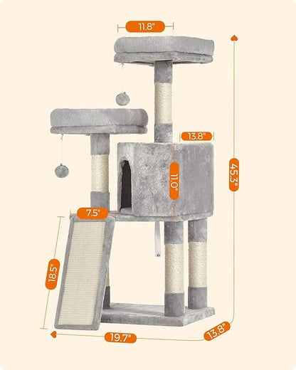 Feandrea Cat Tower, Cat Tree for Indoor Cats, 45.3-Inch Cat Condo with Scratching Post, Ramp, Perch, Spacious Cat Cave, for Kittens, Elderly Cats, Adult Cats, Small Space, Light Gray UPCT141W01
