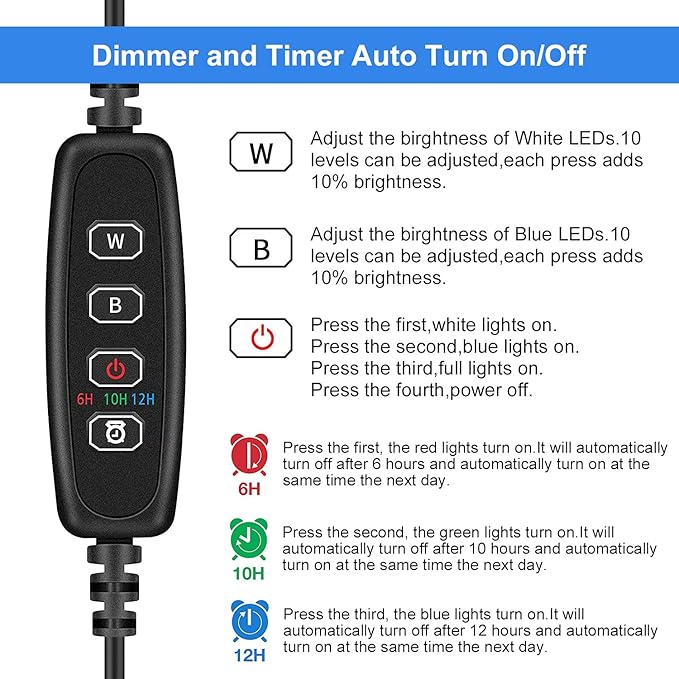 VARMHUS Submersible LED Aquarium Light,Fish Tank Light with Timer Auto On/Off Dimming Function,3 Light Modes Dimmable White-Blue,10 Brightness Levels Optional&3 Levels of timed Loop Function 15''