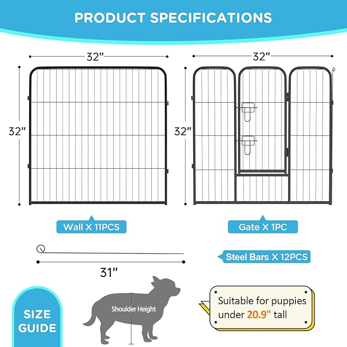 BestPet | Dog Playpen | 32 Inch, 12 Panels | Heavy Duty Metal Pet Exercise Pen | Indoor Outdoor Fence Panels | Rust-Resistant, Removable, Tool-Free Setup | Anti-Skid, Expandable Design